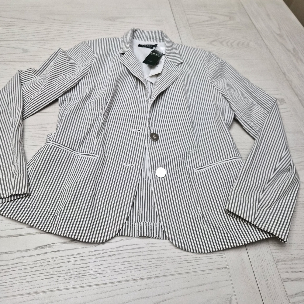 Lauren Ralph Lauren New Seersucker Blazer Stripes Size 12P Petite Black Label